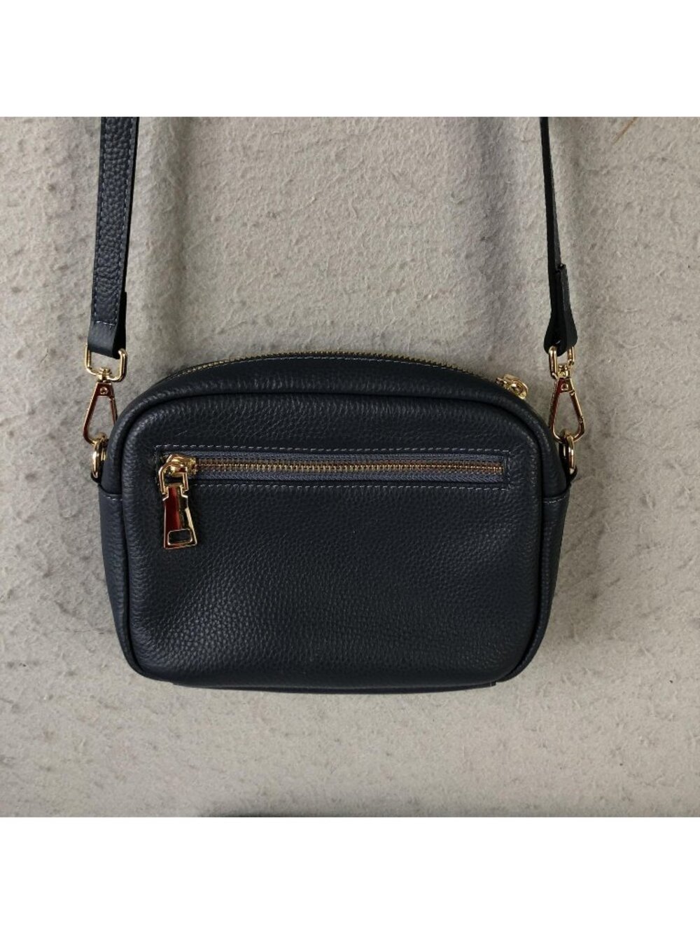 Pom Pom London Crossbody Bag Womens Small Navy Pebbled Leather Zip Gold Hardware